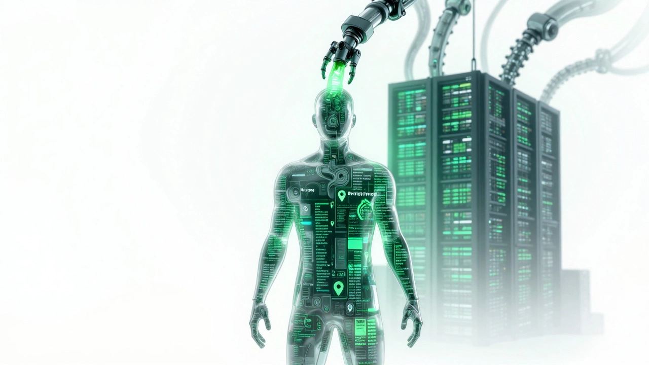 A glass human figure filled with digital data being drained by mechanical tentacles toward a distant server farm.