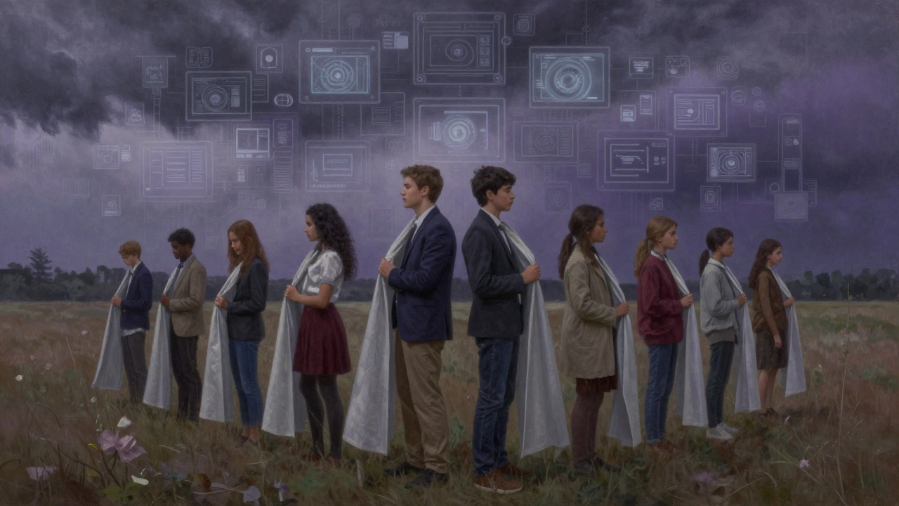 A group of diverse individuals pulling curtains around themselves as surveillance grids loom behind them.