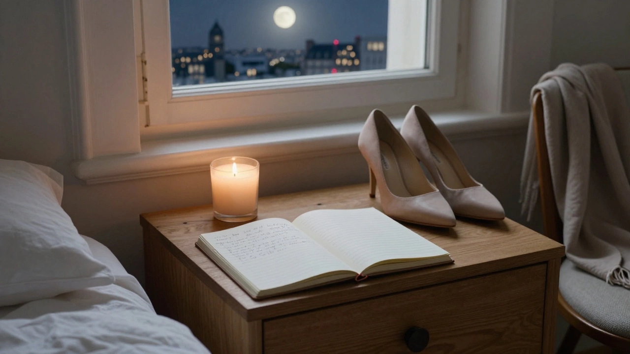 A handwritten notebook and elegant heels rest on a nightstand beside a candle, overlooking a moonlit Paris skyline.