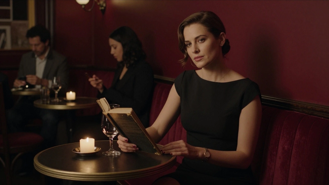 A woman sits alone in a cozy Paris jazz bar, reading a book by candlelight, surrounded by soft music and shadows.